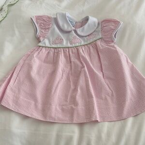 Little English pink seersucker Gingham bunny Dress with White Collar